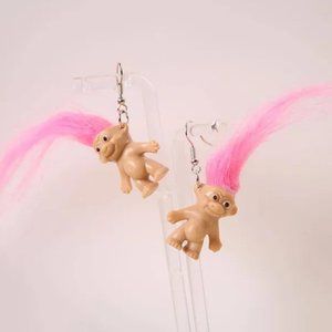 Retro 90s Pink Hair Troll Dolls Funny Nostalgia Hook Dangle Earrings NEW